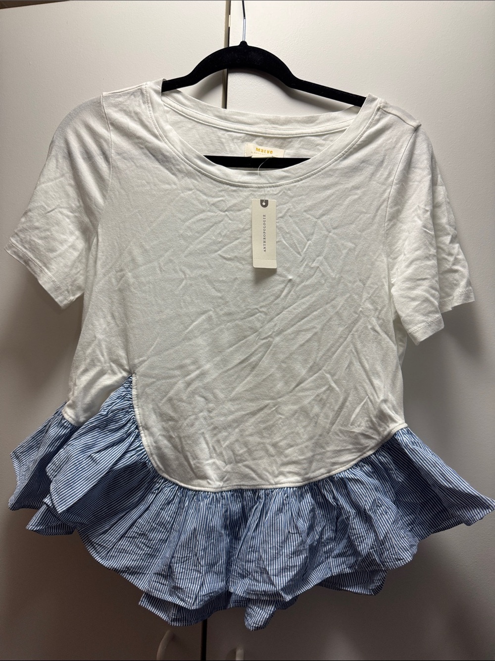Maeve White Short-Sleeve Tee with Blue Pinstriped Ruffle